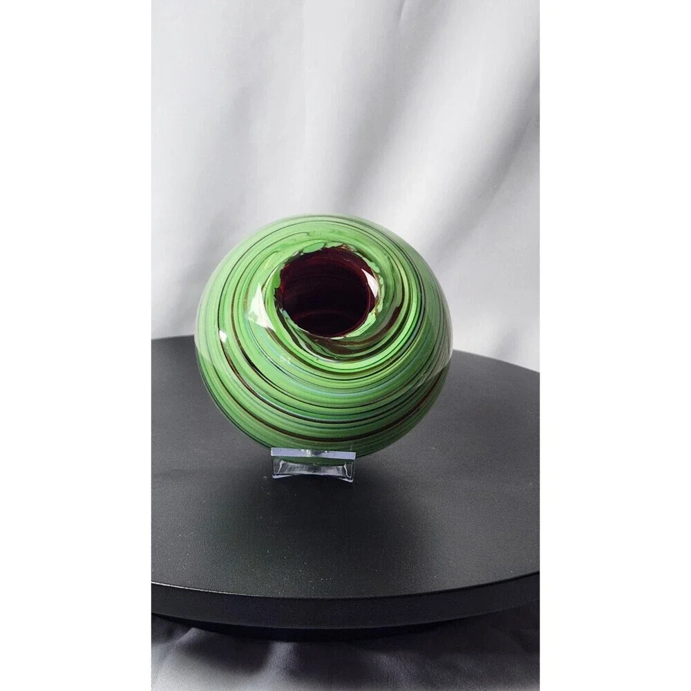 VINTAGE GLASS VASE GREEN, AVENTURINE GOLD SWIRLS With RED LINING By Dept. 56